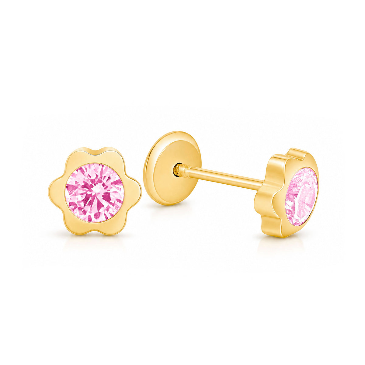 14K Yellow Gold 4MM Blossom Flower with Pink CZ Center Stud Screwback Earrings