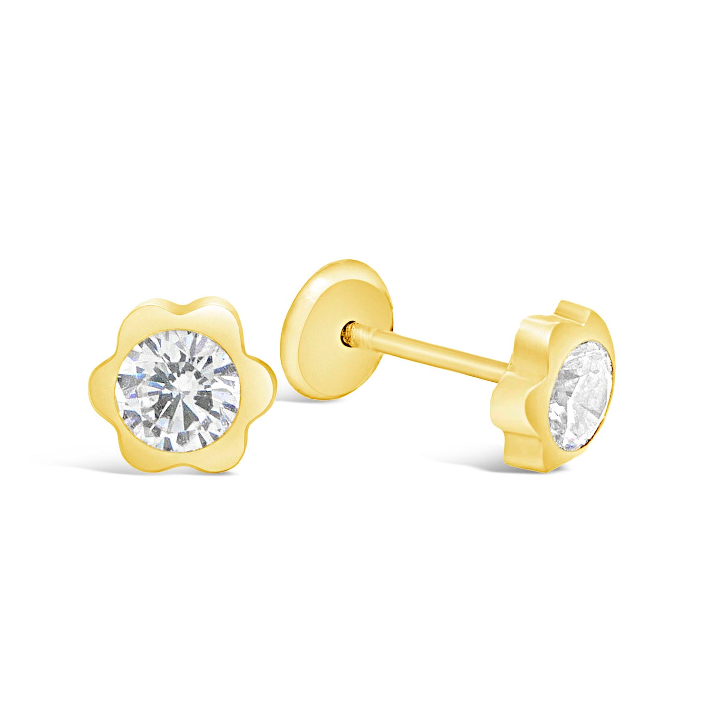14K Yellow Gold 4MM Blossom Flower with White CZ Center Stud Screwback Earrings