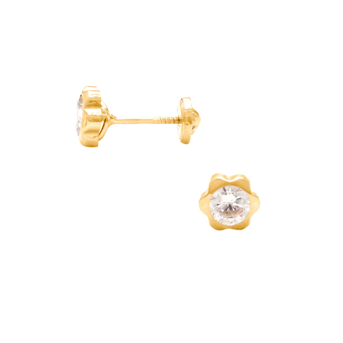 14K Yellow Gold 5MM Blossom Flower with White CZ Center Stud Screwback Earrings