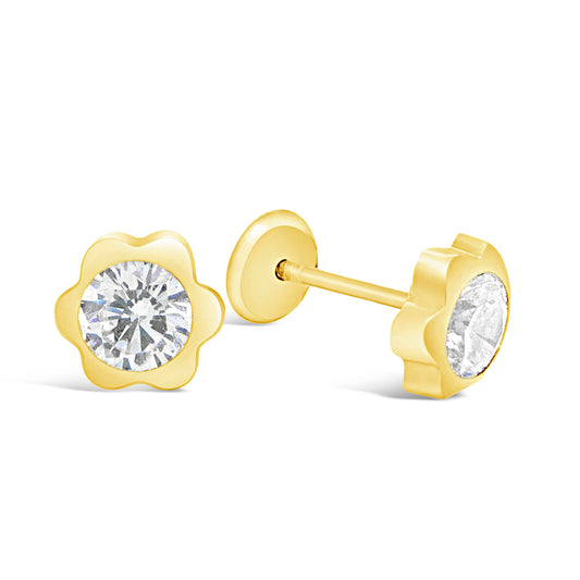 14K Yellow Gold 5MM Blossom Flower with White CZ Center Stud Screwback Earrings
