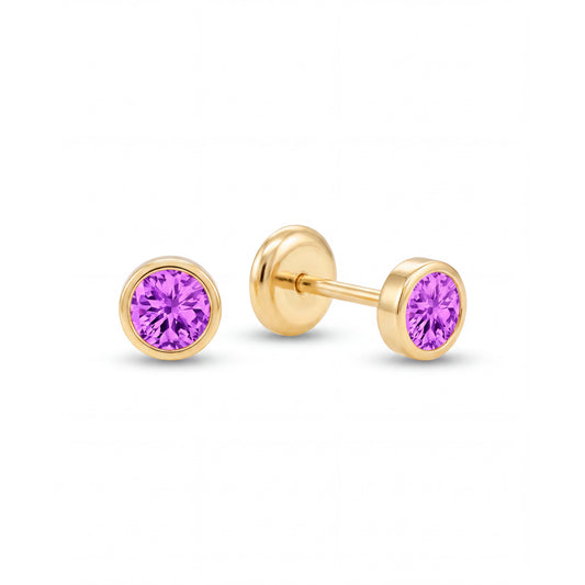 14K Yellow Gold 2MM Bezel-Set Purple CZ Stud Screwback Earrings