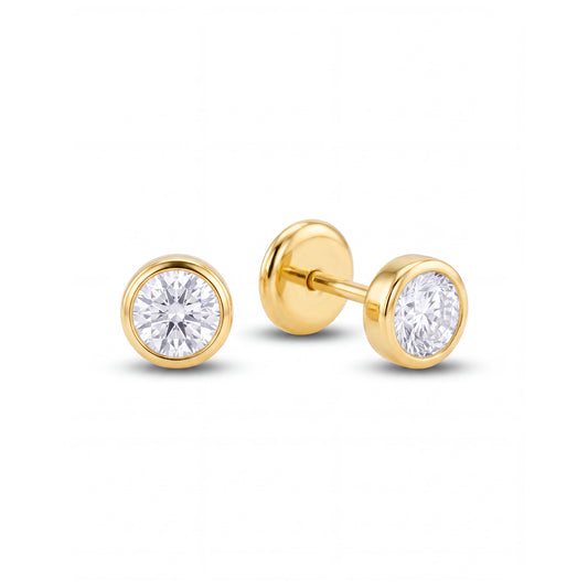 14K Yellow Gold 2MM Bezel-Set White CZ Stud Screwback Earrings