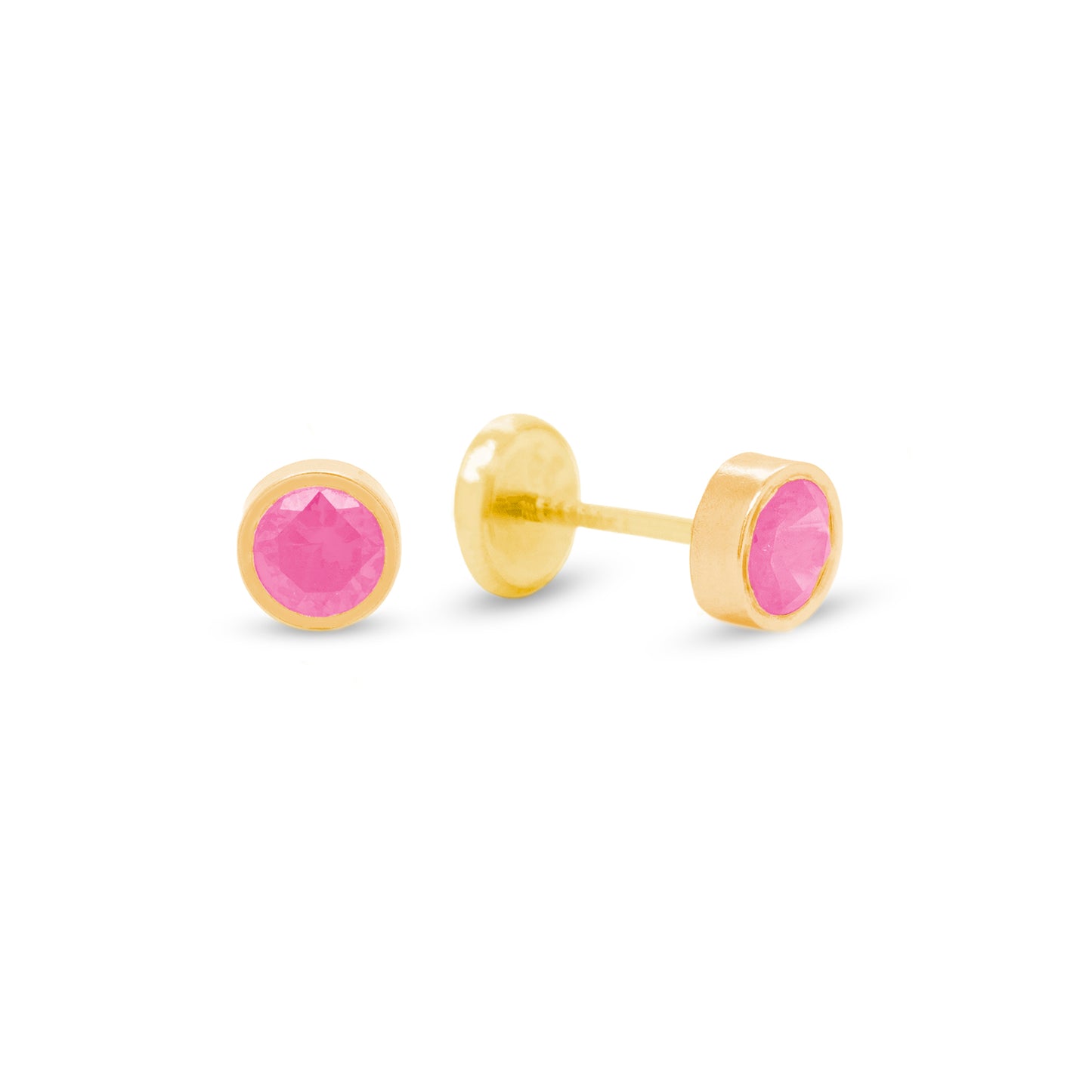 14K Yellow Gold 3MM Bezel-Set Pink CZ Stud Screwback Earrings