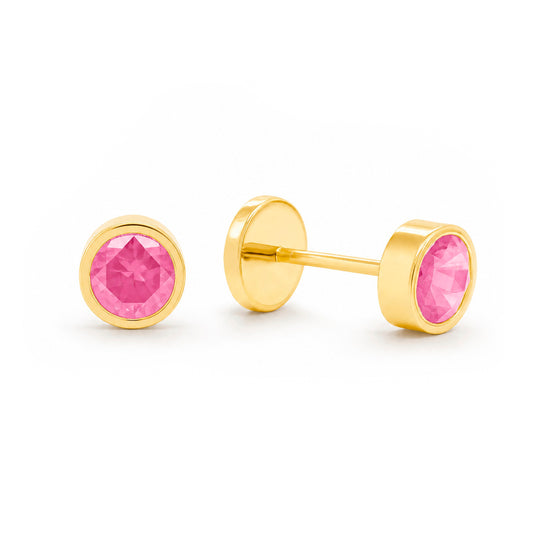 14K Yellow Gold 3MM Bezel-Set Pink CZ Stud Screwback Earrings