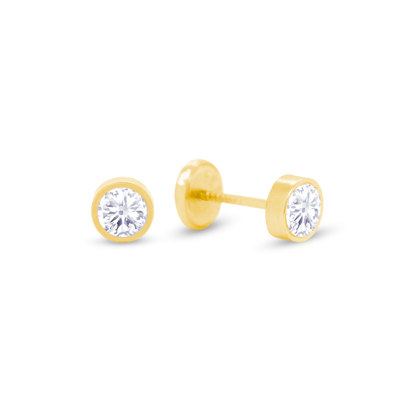 14K Yellow Gold 3MM Bezel-Set White CZ Stud Screwback Earrings