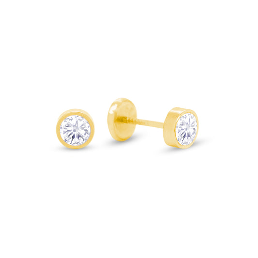 14K Yellow Gold 3MM Bezel-Set White CZ Stud Screwback Earrings