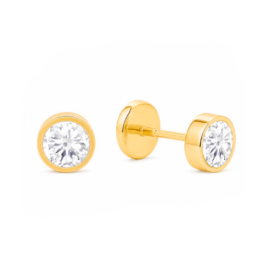14K Yellow Gold 3MM Bezel-Set White CZ Stud Screwback Earrings