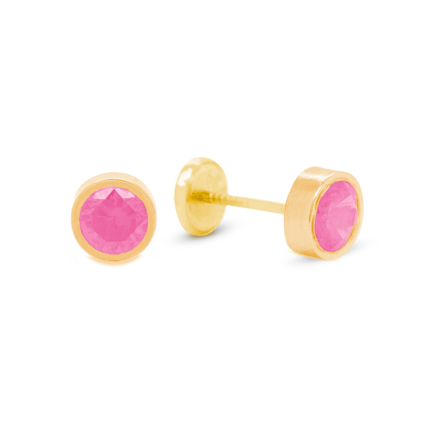 14K Yellow Gold 4MM Bezel-Set Pink CZ Stud Screwback Earrings