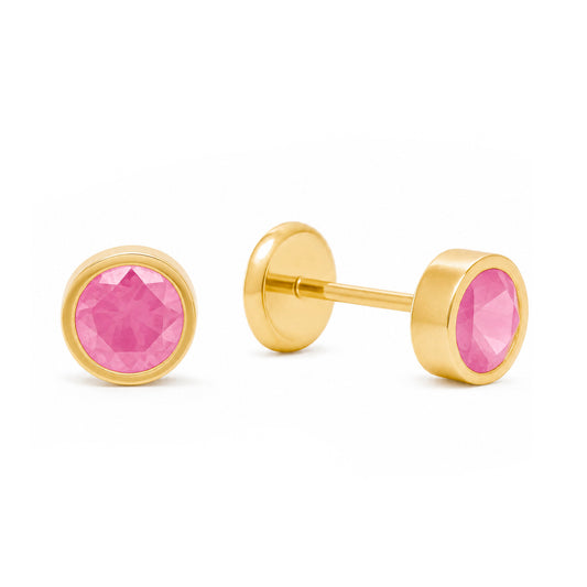 14K Yellow Gold 4MM Bezel-Set Pink CZ Stud Screwback Earrings