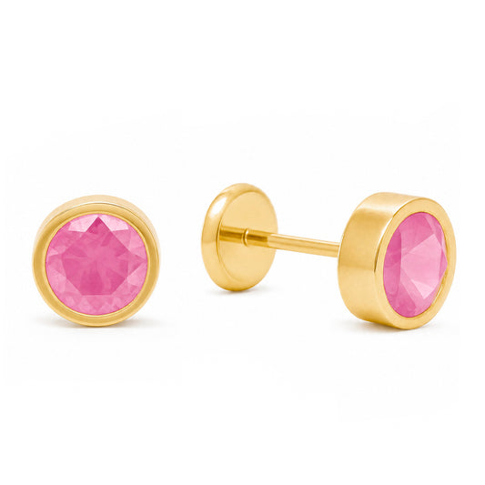 14K Yellow Gold 5MM Bezel-Set Pink CZ Stud Screwback Earrings