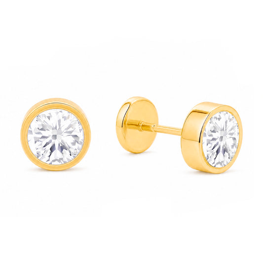 14K Yellow Gold 5MM Bezel-Set White CZ Stud Screwback Earrings