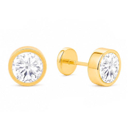 14K Yellow Gold 6MM Bezel-Set White CZ Stud Screwback Earrings