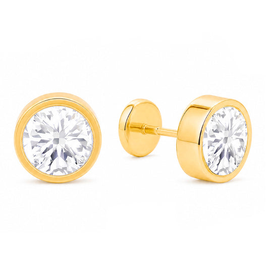 14K Yellow Gold 7MM Bezel-Set White CZ Stud Screwback Earrings