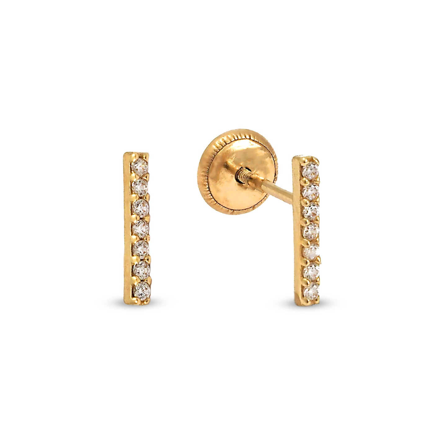 14K Yellow Gold White CZ Vertical Bar Stud Screwback Earrings