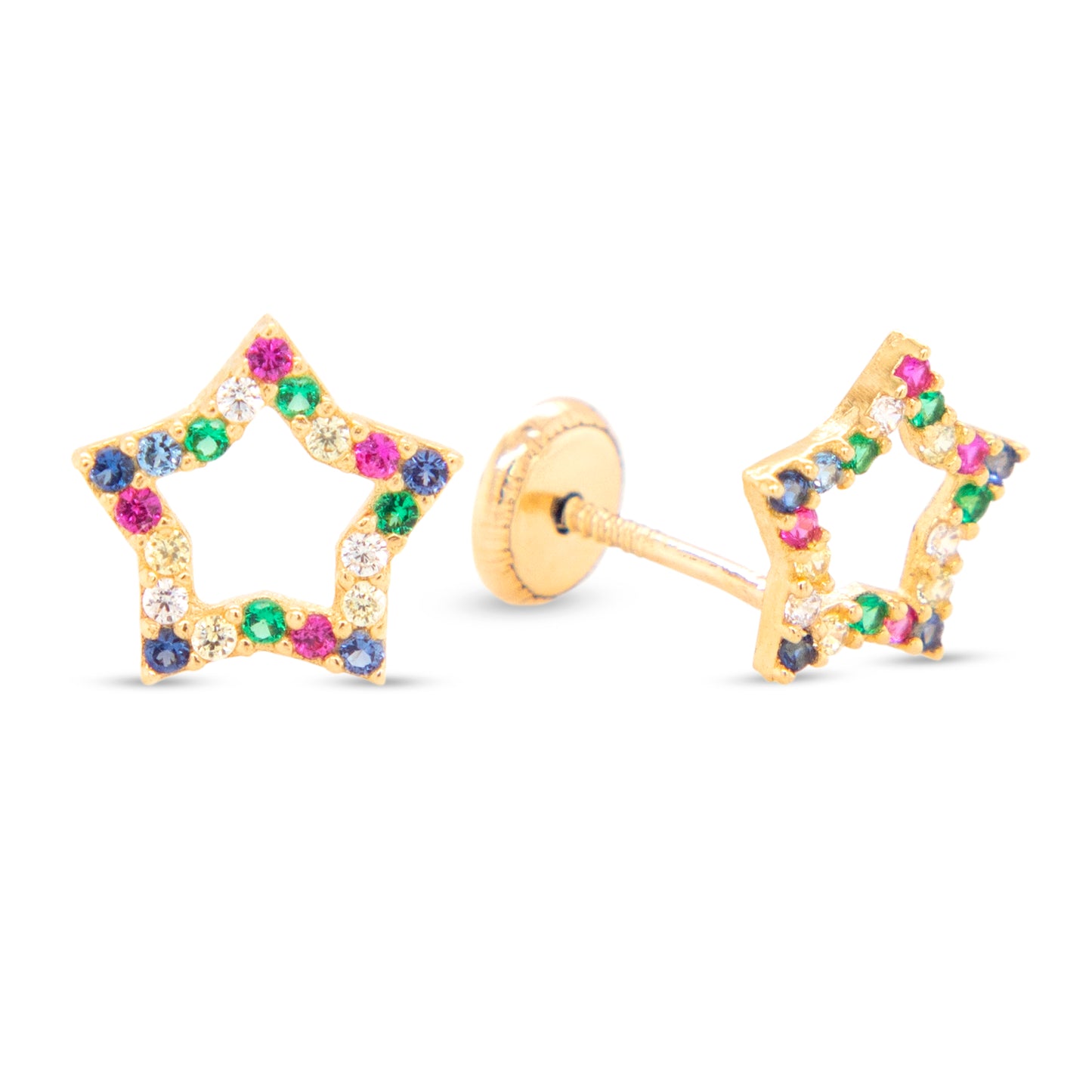 14K Yellow Gold Medium Open Star Pave Multi-Color CZ Stud Screwback Earrings