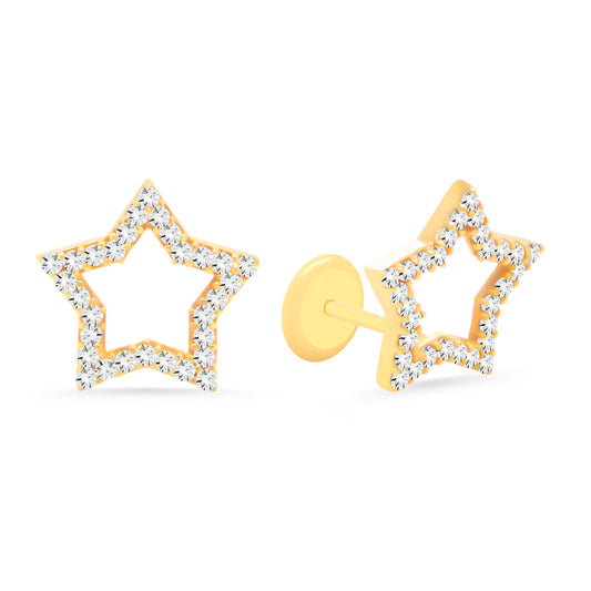 14K Yellow Gold Medium Open Star Pave White CZ Stud Screwback Earrings