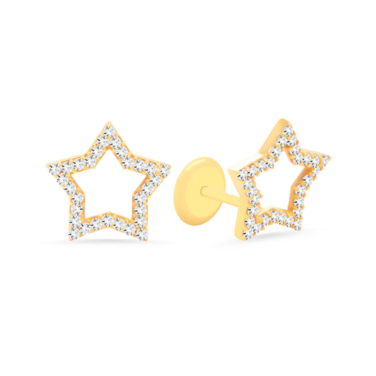 14K Yellow Gold Small Open Star Pave White CZ Stud Screwback Earrings