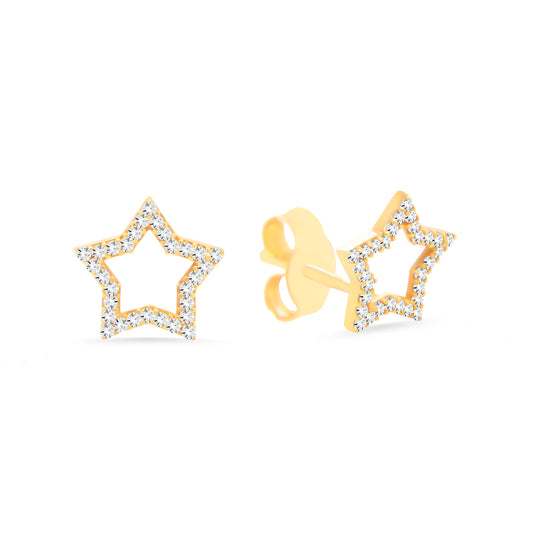 14K Yellow Gold Extra Small Open Star Pave White CZ Stud Pushback Earrings