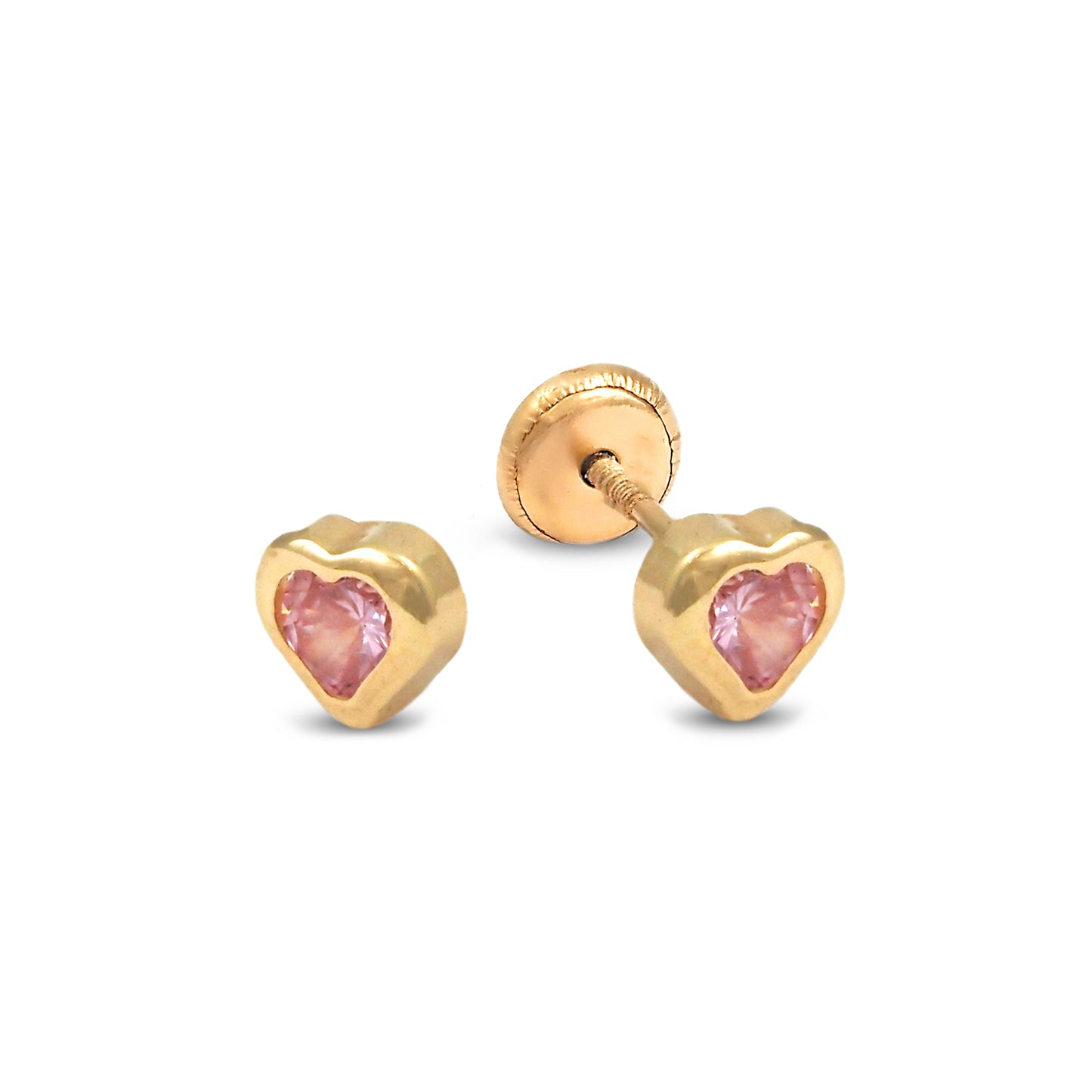 14K Yellow Gold Medium Pink CZ Bezel-Set Heart Stud Screwback Earrings