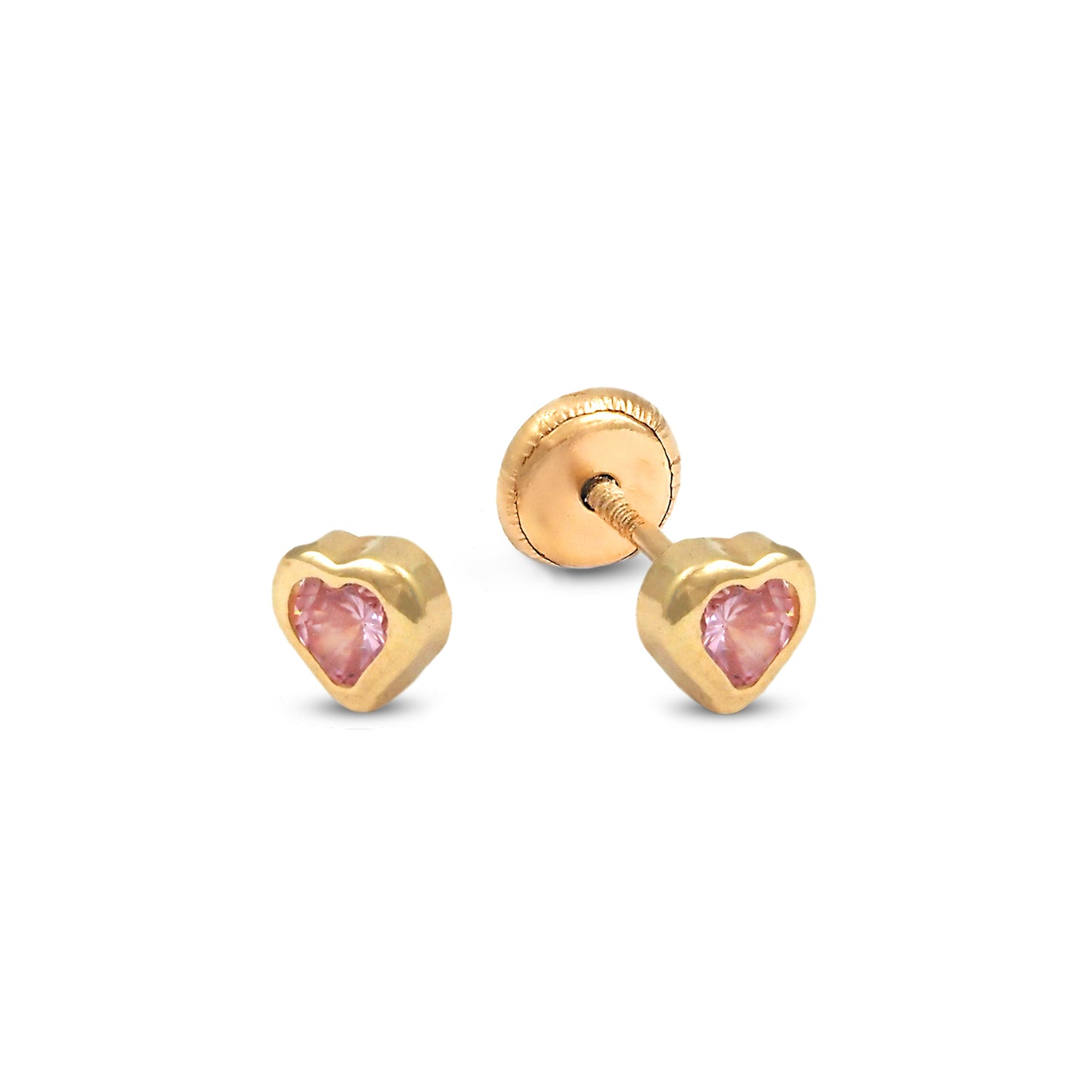 14K Yellow Gold Small Pink CZ Bezel-Set Heart Stud Screwback Earrings