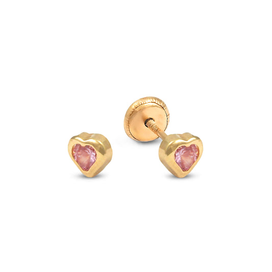14K Yellow Gold Small Pink CZ Bezel-Set Heart Stud Screwback Earrings
