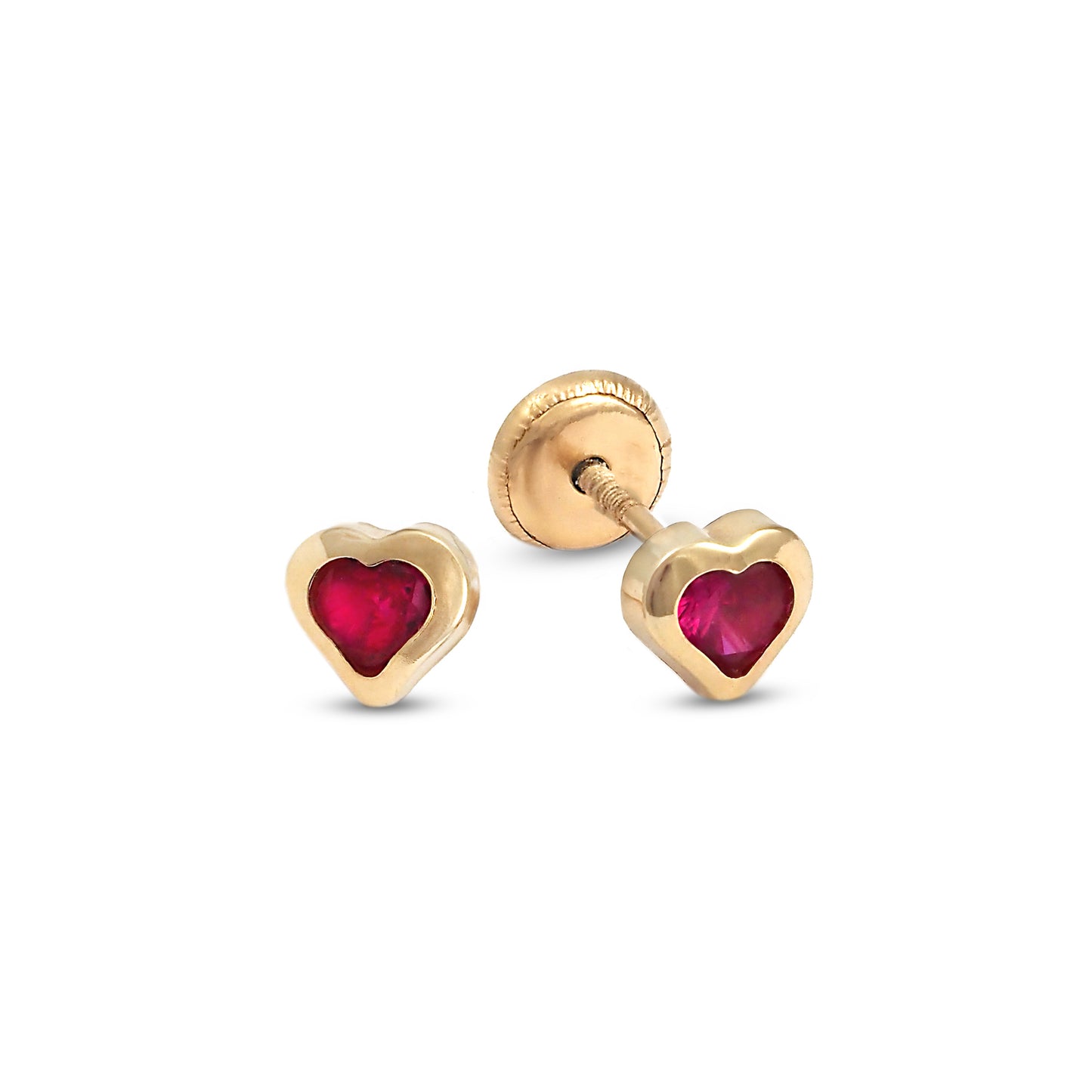 14K Yellow Gold Small Red CZ Bezel-Set Heart Stud Screwback Earrings