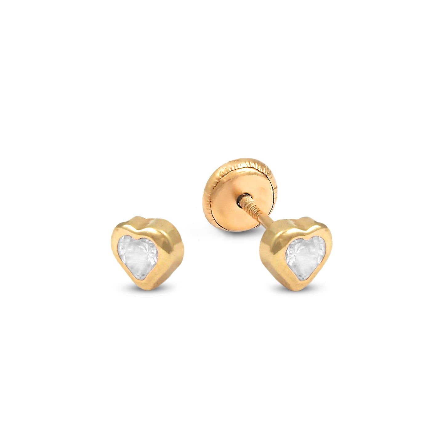 14K Yellow Gold Small White CZ Bezel-Set Heart Stud Screwback Earrings