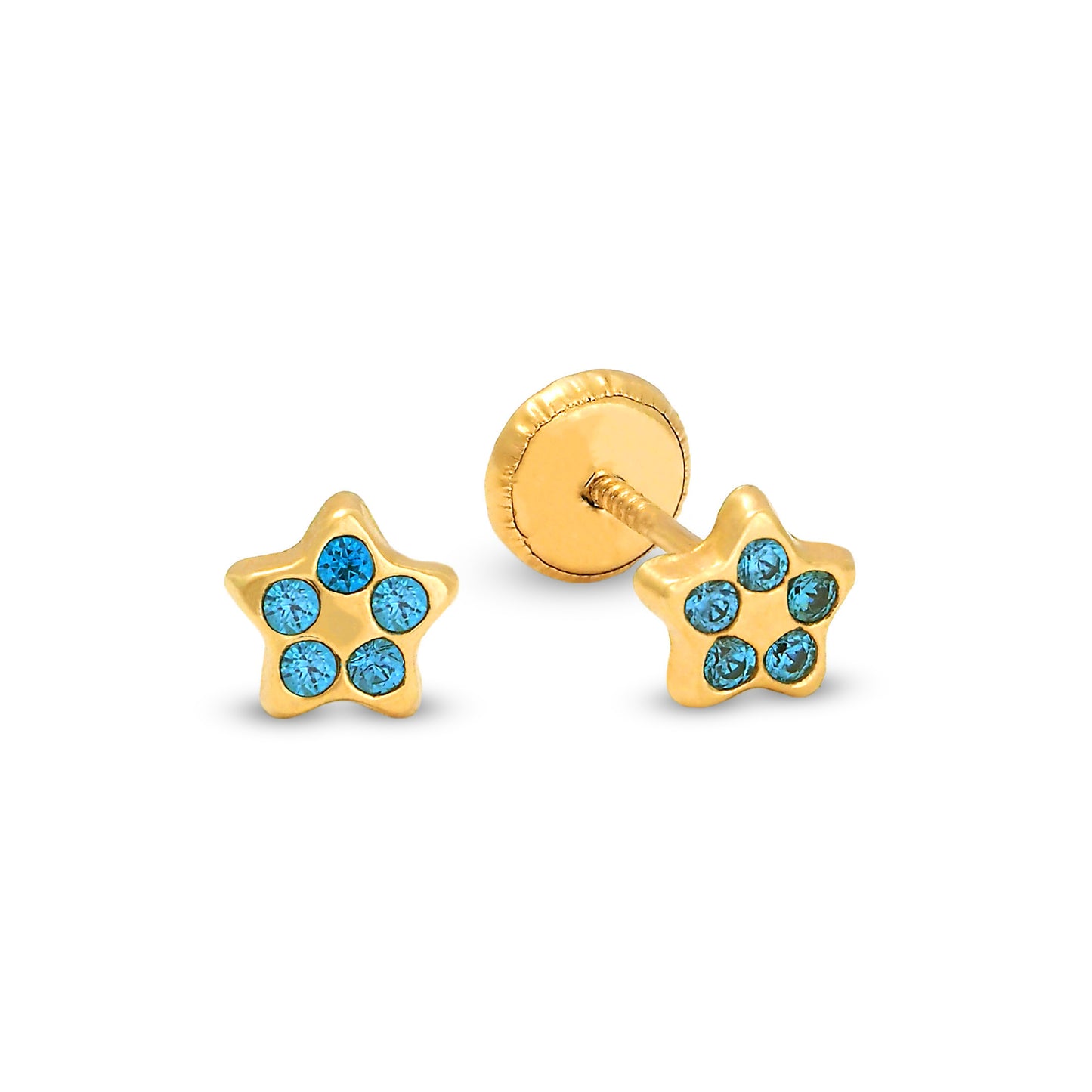 14K Yellow Gold Light Blue CZ Star Stud Screwback Earrings