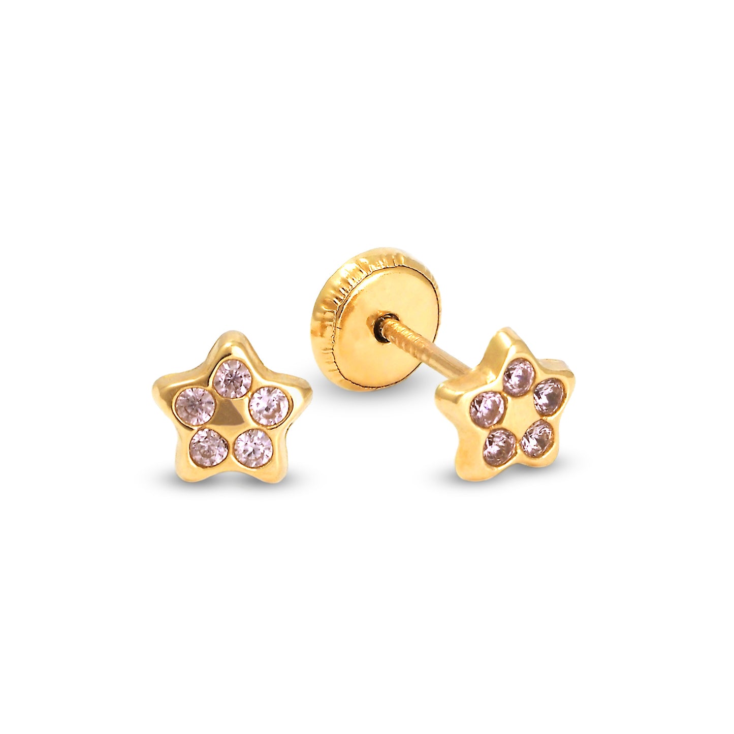 14K Yellow Gold Pink CZ Star Stud Screwback Earrings
