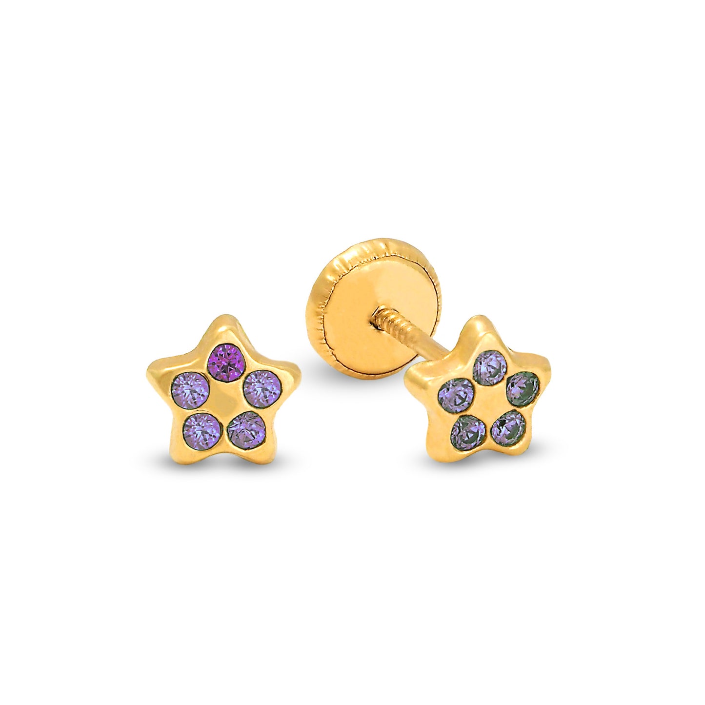 14K Yellow Gold Purple CZ Star Stud Screwback Earrings