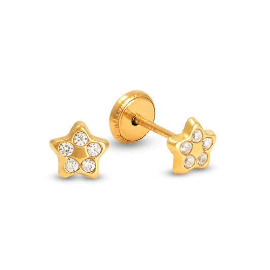 14K Yellow Gold White CZ Star Stud Screwback Earrings