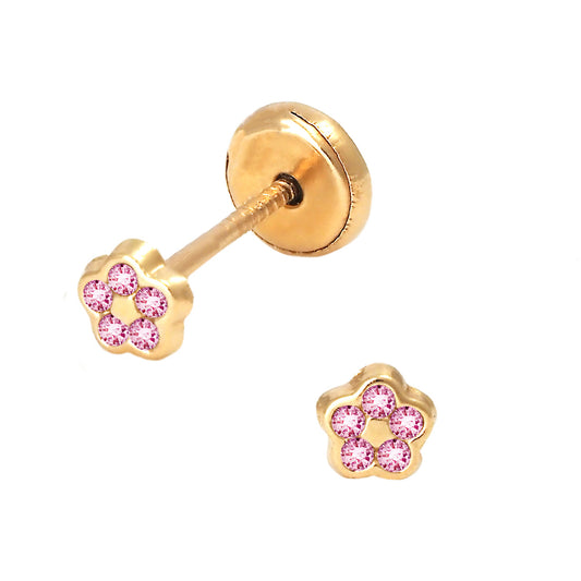 14K Yellow Gold Medium Pink CZ Pave Flower Stud Screwback Earrings