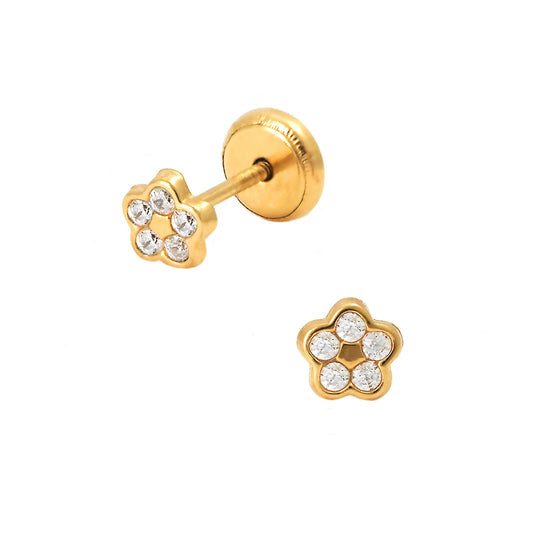 14K Yellow Gold Medium White CZ Pave Flower Stud Screwback Earrings