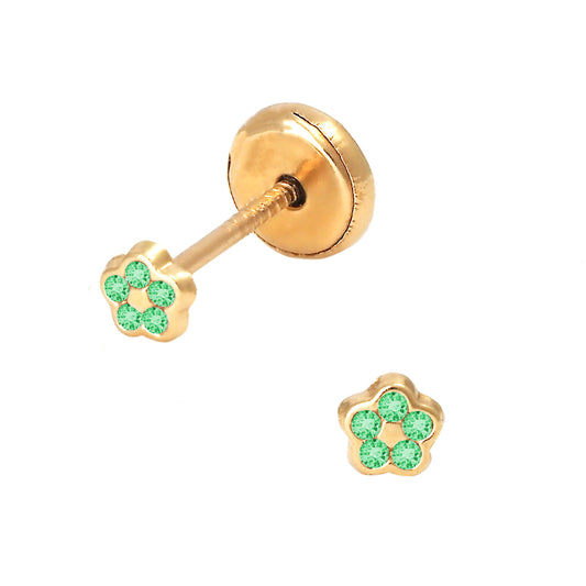 14K Yellow Gold Small Green CZ Pave Flower Stud Screwback Earrings