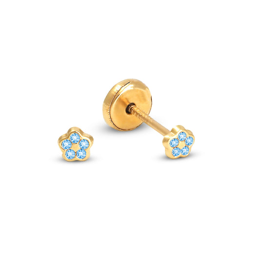 14K Yellow Gold Small Light Blue CZ Pave Flower Stud Screwback Earrings