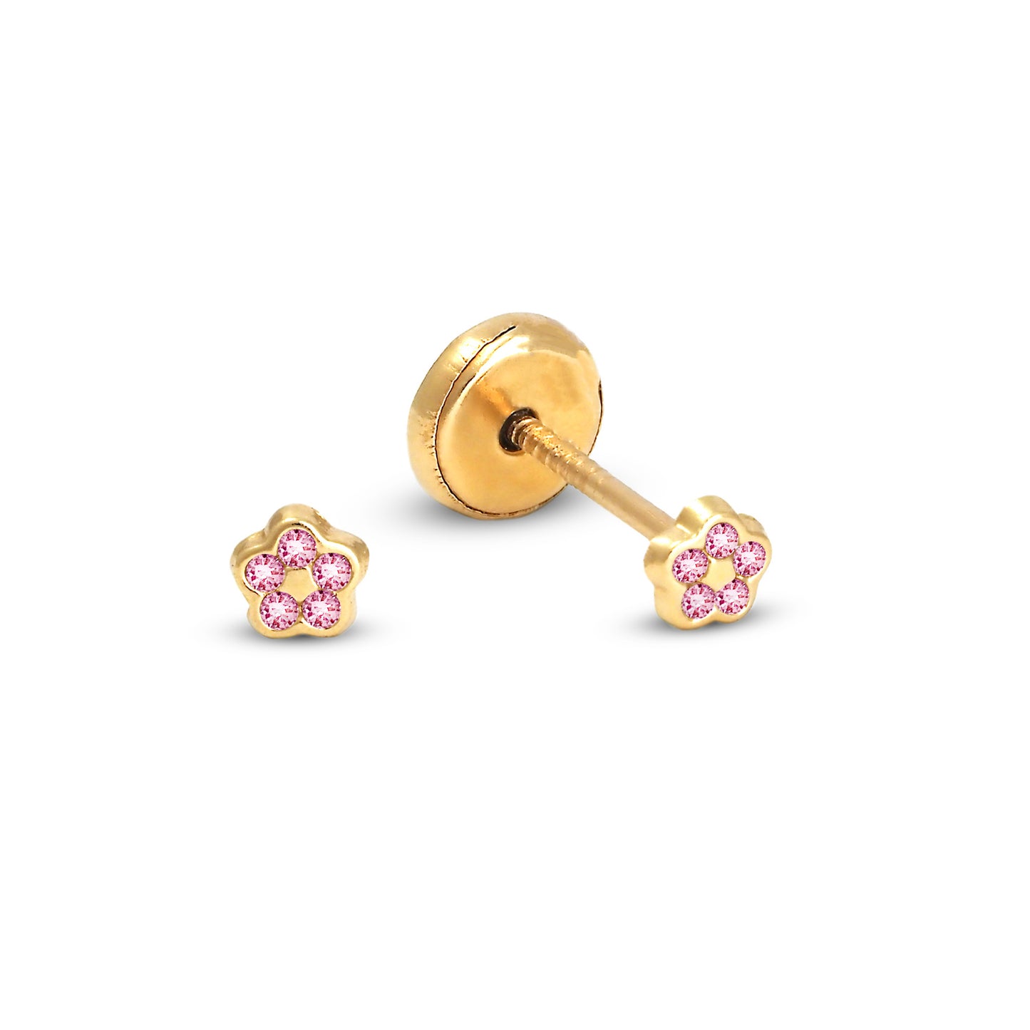 14K Yellow Gold Small Pink CZ Pave Flower Stud Screwback Earrings