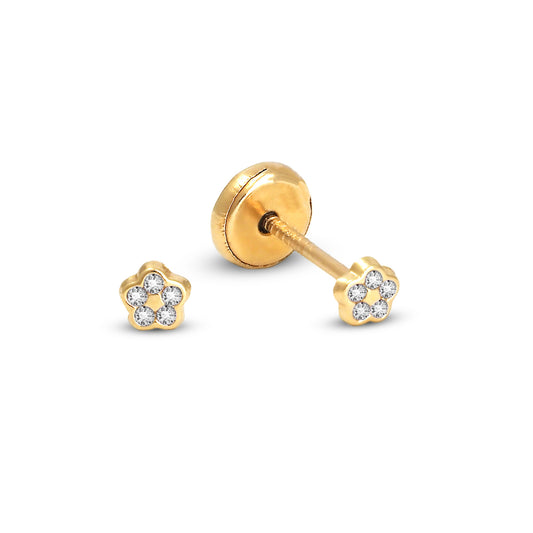 14K Yellow Gold Small White CZ Pave Flower Stud Screwback Earrings