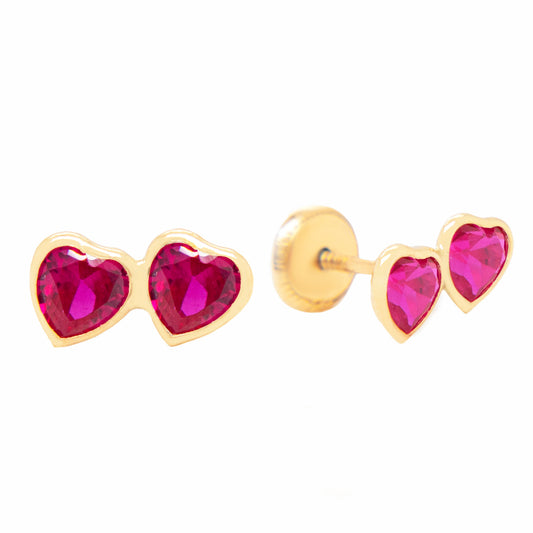 14K Yellow Gold Medium Double Heart Red CZ Stud Screwback Earrings