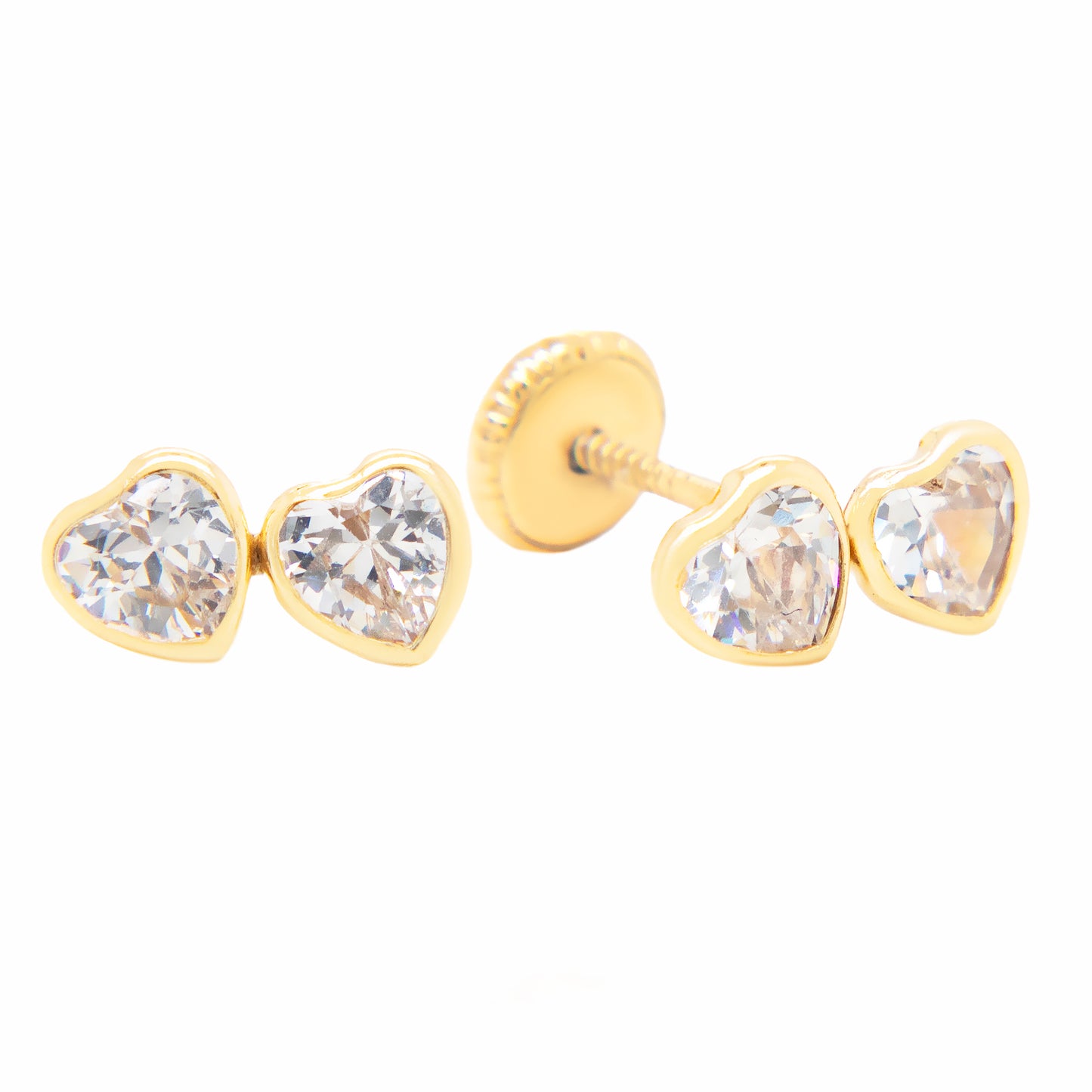14K Yellow Gold Medium Double Heart White CZ Stud Screwback Earrings