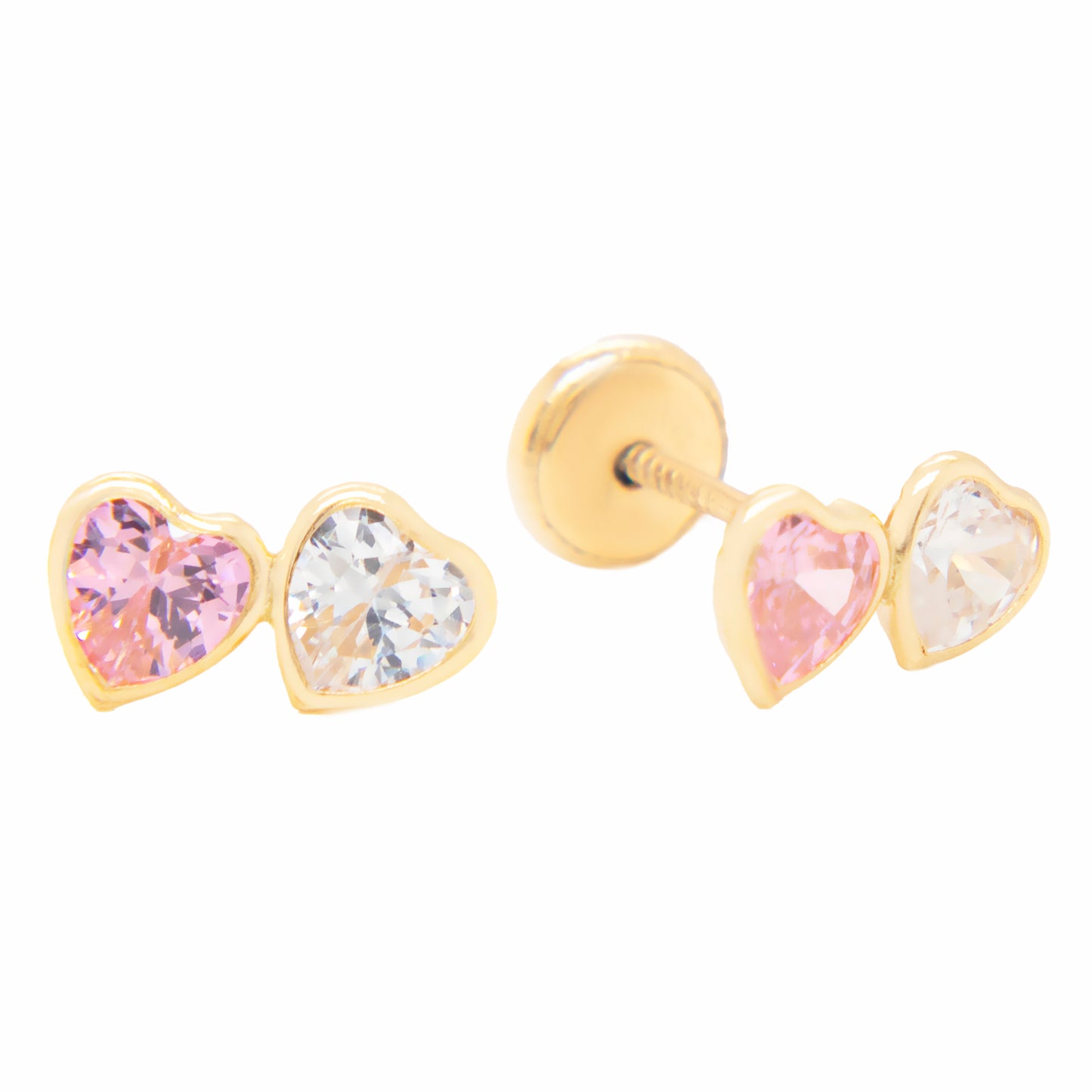 14K Yellow Gold Medium Double Heart Pink & White CZ Stud Screwback Earrings