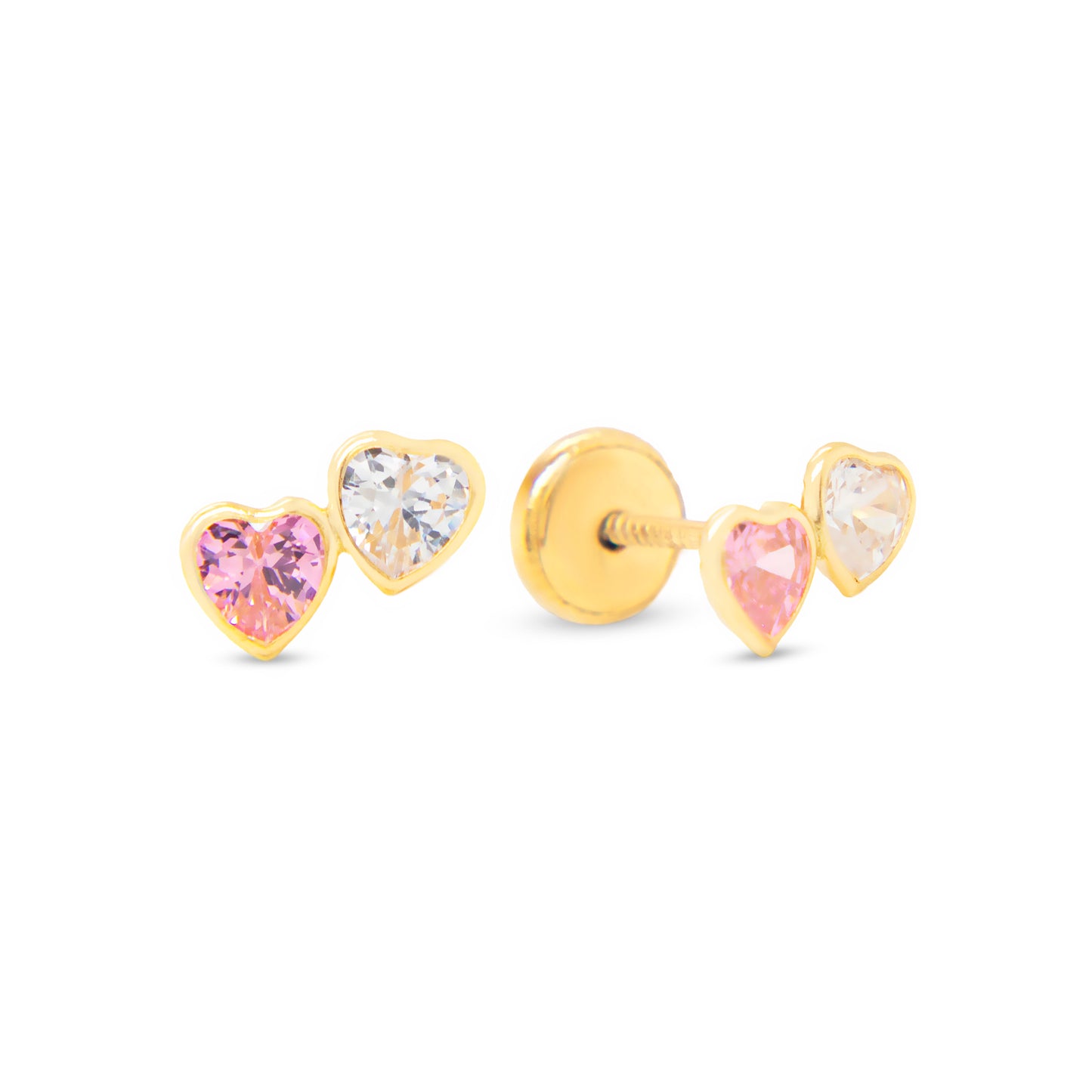 14K Yellow Gold Small Double Heart Pink & White CZ Stud Screwback Earrings