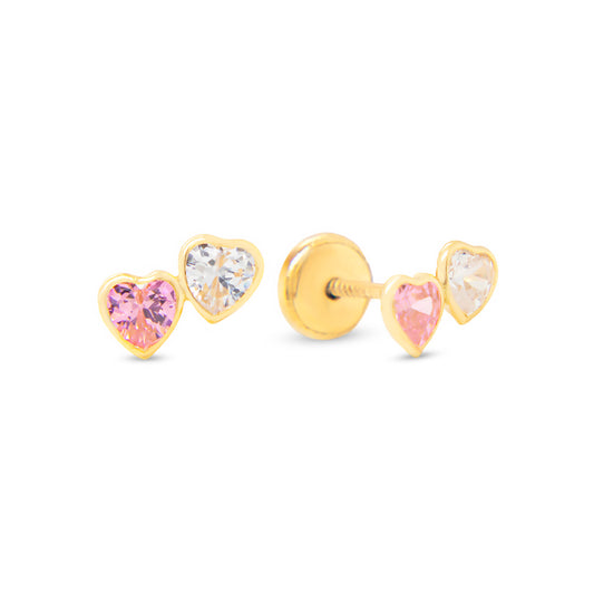 14K Yellow Gold Small Double Heart Pink & White CZ Stud Screwback Earrings