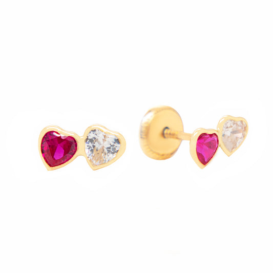 14K Yellow Gold Small Double Heart Red & White CZ Stud Screwback Earrings