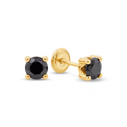 14K Yellow Gold 2MM Black CZ Stud Screwback Earrings