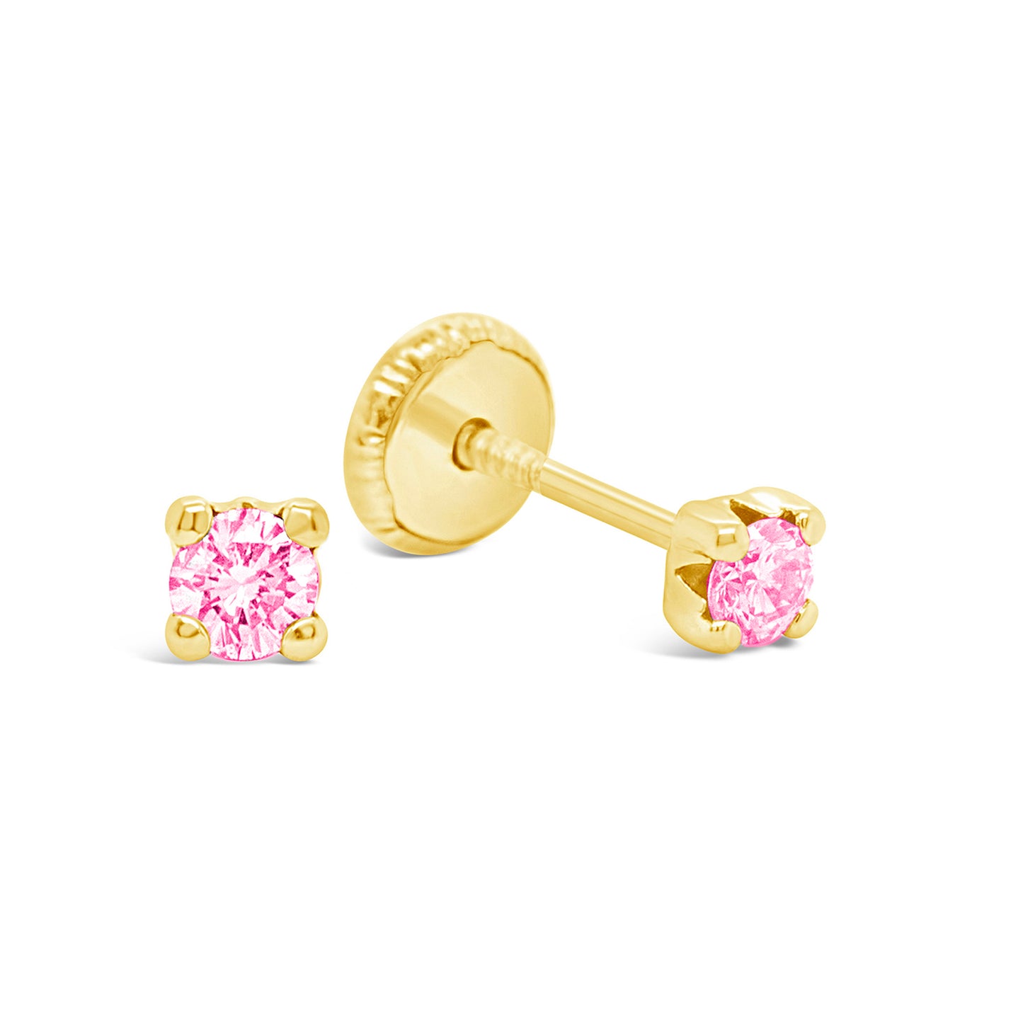 14K Yellow Gold 2MM Pink CZ Stud Screwback Earrings