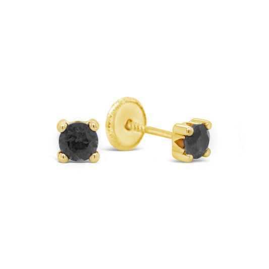 14K Yellow Gold 3.5MM Black CZ Stud Screwback Earrings