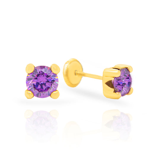 14K Yellow Gold 5MM Purple CZ Stud Screwback Earrings