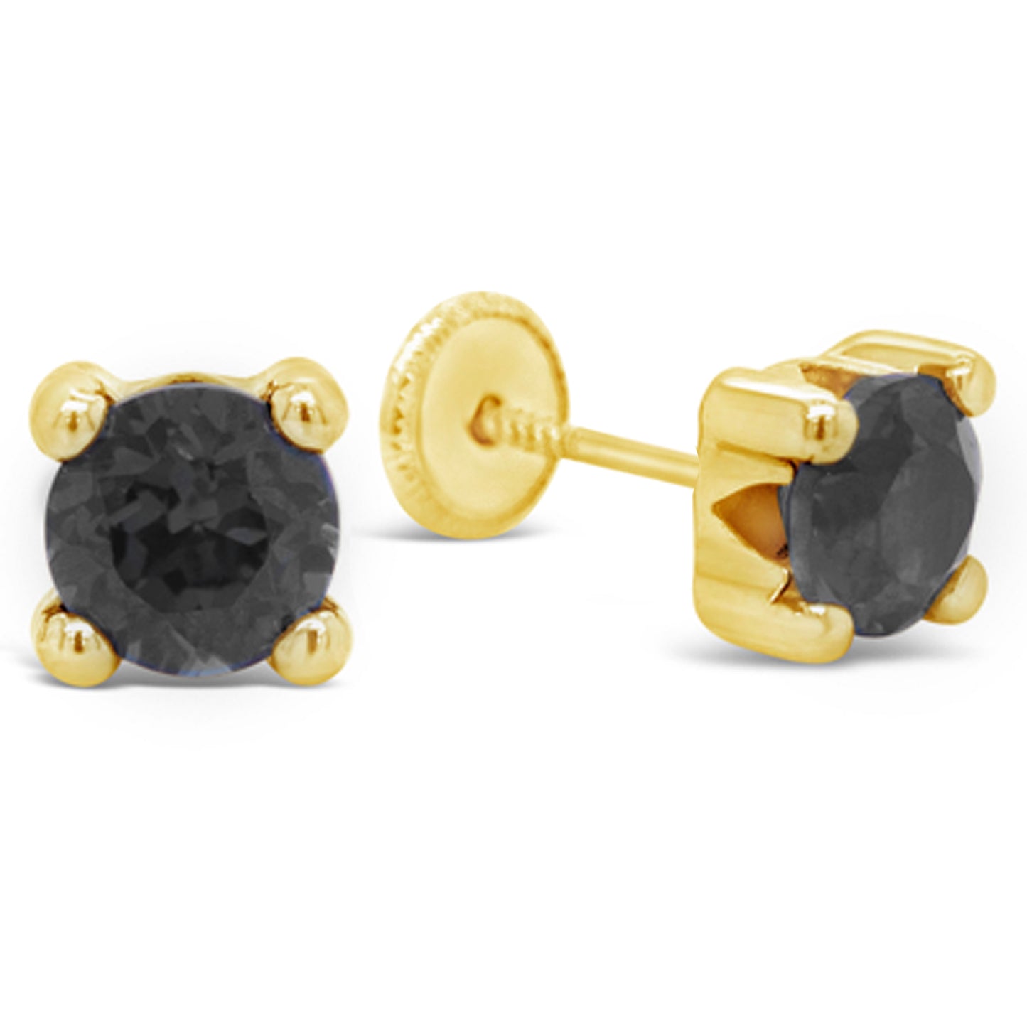 14K Yellow Gold 6MM Black CZ Stud Screwback Earrings