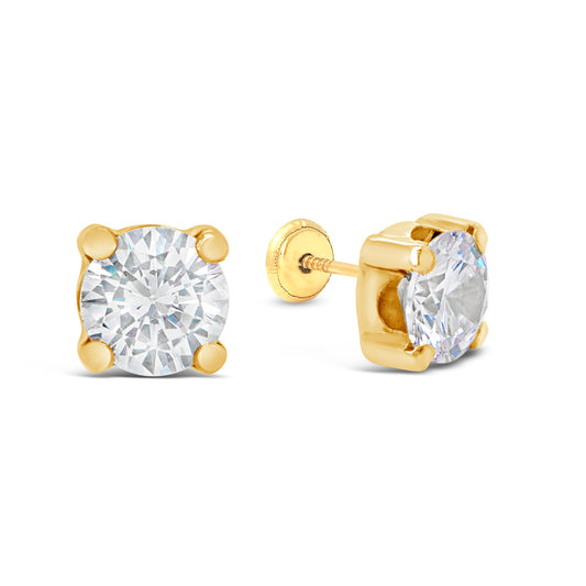 14K Yellow Gold 6MM White CZ Stud Screwback Earrings