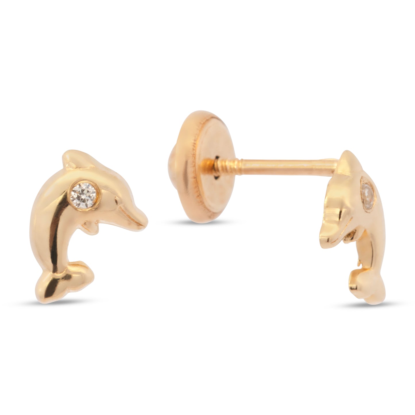 14K Yellow Gold Polished Dolphin with White CZ Accent Stud Screwback Earrings